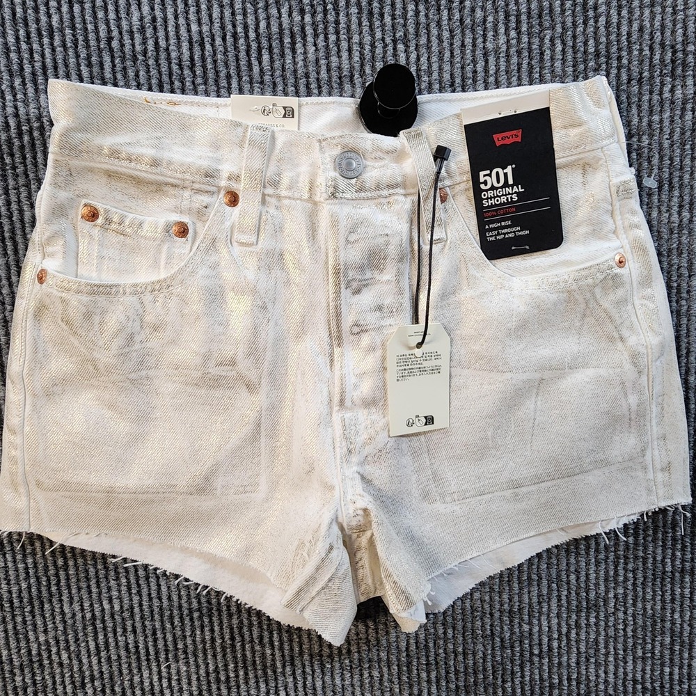 Levis Premium 501 Original Shorts Womens 24 Metallic Gold Foil High Rise NWT